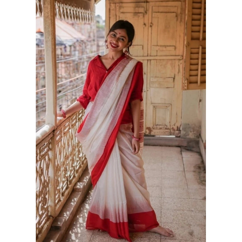 Women's Soft Lilan Printed Saree With Unstitched Blouse 5.5 Mtr (White)