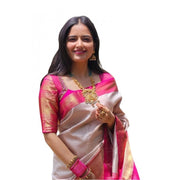 Women's Soft Lichi Silk Printed Saree With Unstitched Blouse 5.5 Mtr (Grey)