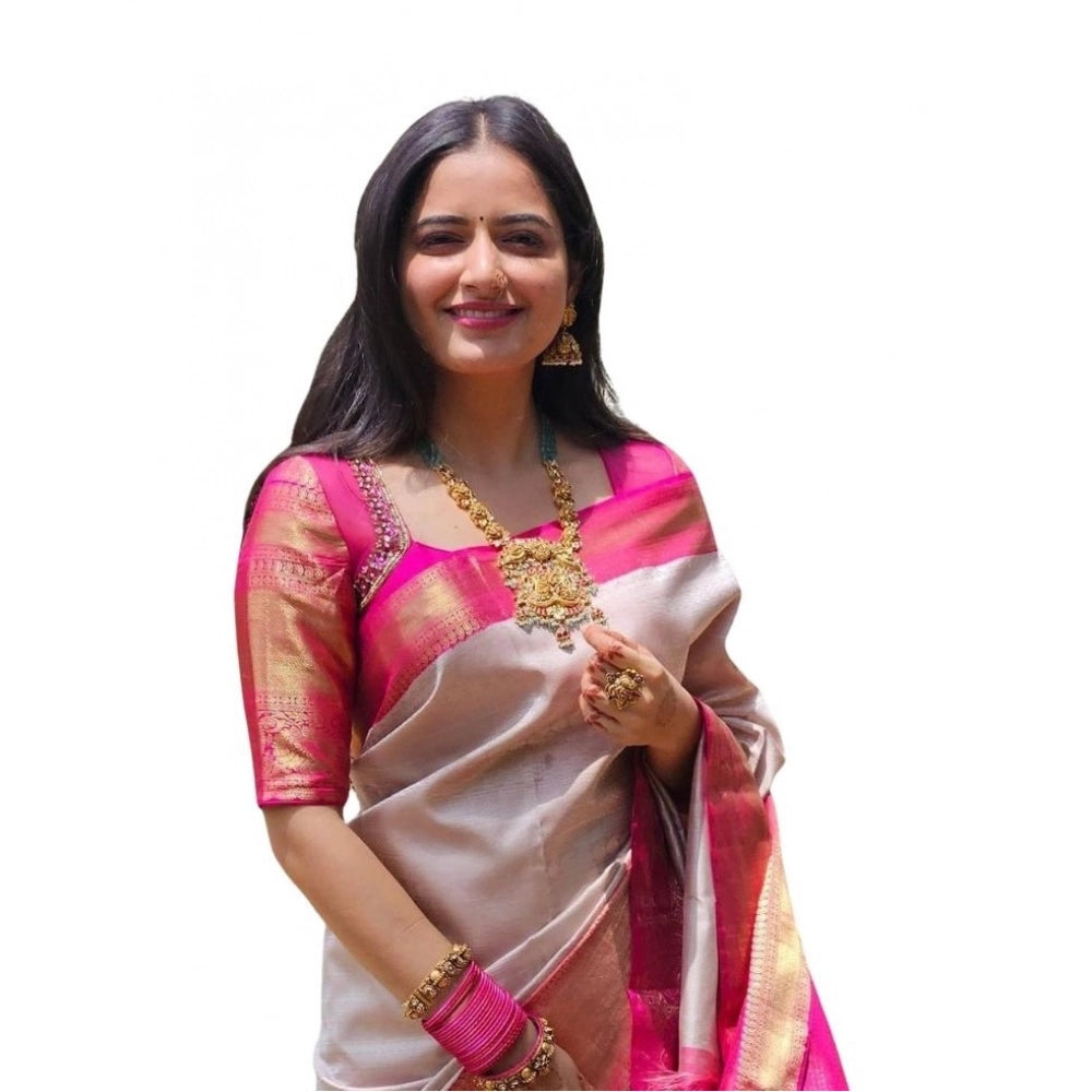 Women's Soft Lichi Silk Printed Saree With Unstitched Blouse 5.5 Mtr (Grey)