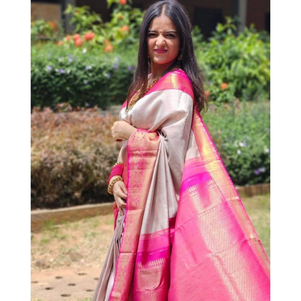 Women's Soft Lichi Silk Printed Saree With Unstitched Blouse 5.5 Mtr (Grey)