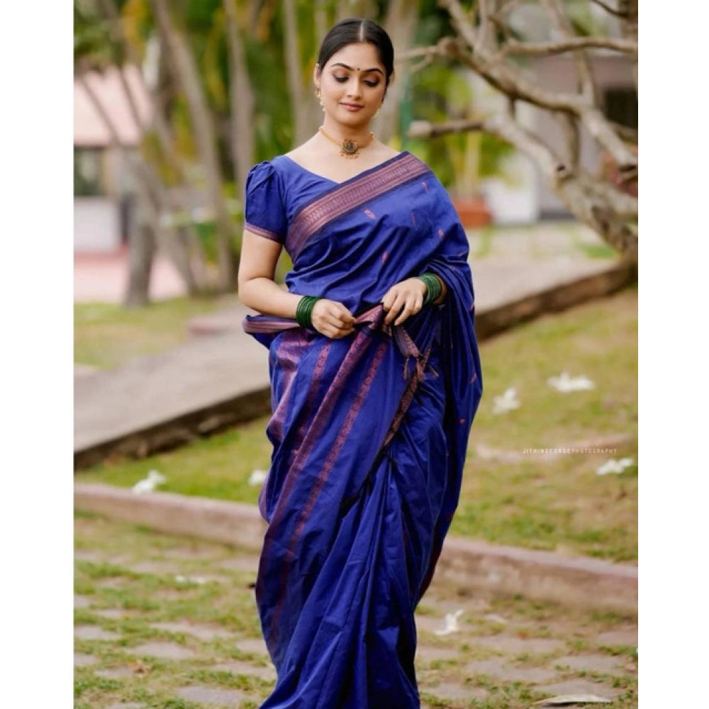 Women's Soft Lichi Silk Printed Saree With Unstitched Blouse 5.5 Mtr (Blue)
