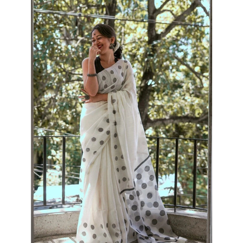 Women's Soft Lilan Printed Saree With Unstitched Blouse 5.5 Mtr (White)
