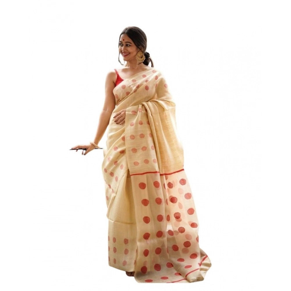 Women's Soft Lilan Printed Saree With Unstitched Blouse 5.5 Mtr (Cream)