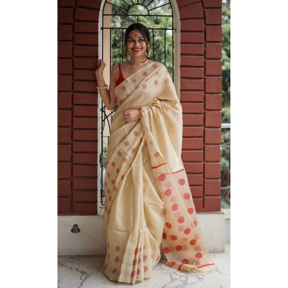 Women's Soft Lilan Printed Saree With Unstitched Blouse 5.5 Mtr (Cream)