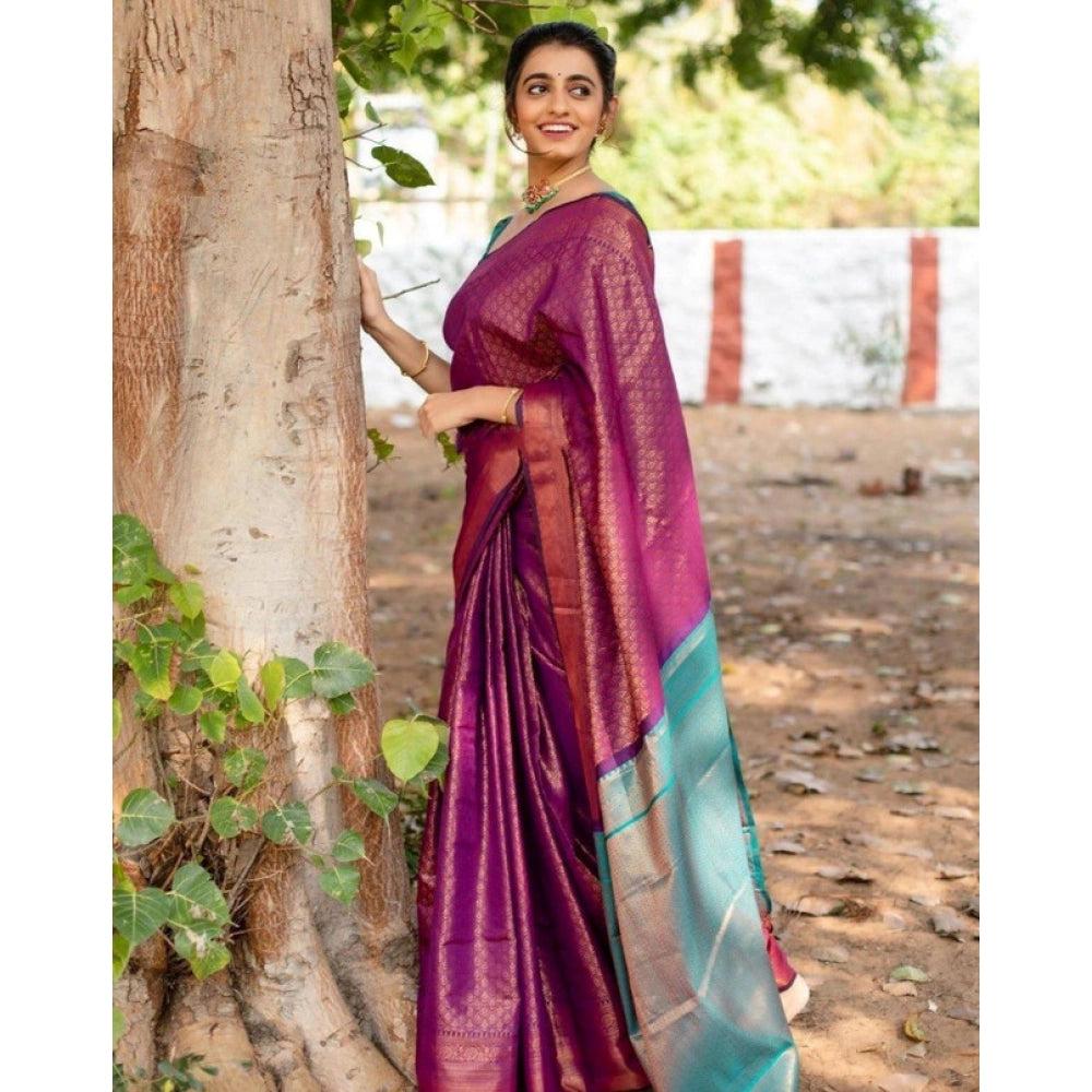 Women's Soft Lichi Silk Printed Saree With Unstitched Blouse 5.5 Mtr (Purple)