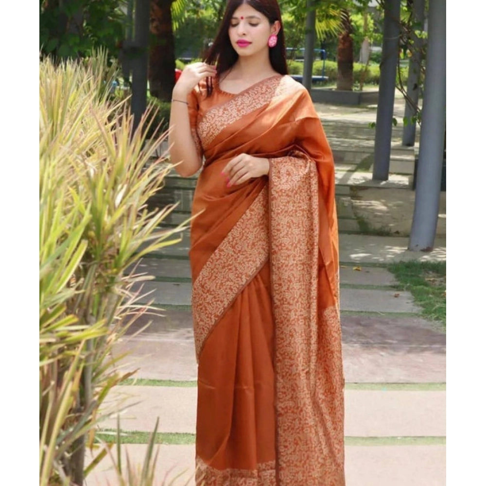 Women's Soft Lichi Silk Printed Saree With Unstitched Blouse 5.5 Mtr (Brown)