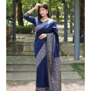 Women's Soft Lichi Silk Printed Saree With Unstitched Blouse 5.5 Mtr (Blue)