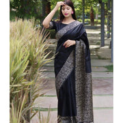 Women's Soft Lichi Silk Printed Saree With Unstitched Blouse 5.5 Mtr (Black)