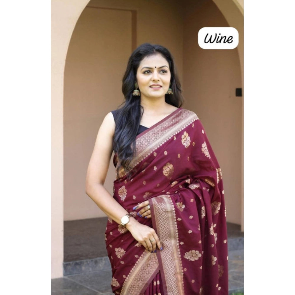 Women's Soft Lichi Silk Printed Saree With Unstitched Blouse 5.5 Mtr (Wine)