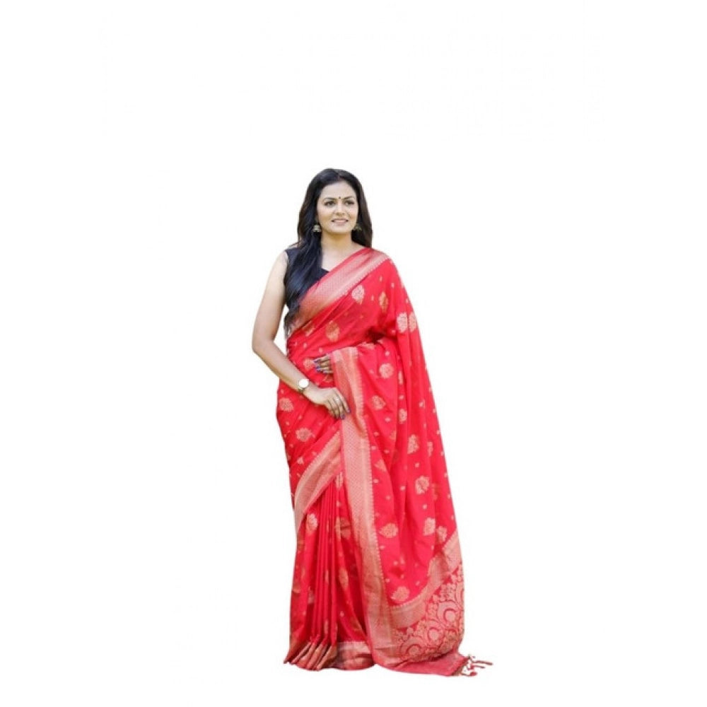 Women's Soft Lichi Silk Printed Saree With Unstitched Blouse 5.5 Mtr (Red)