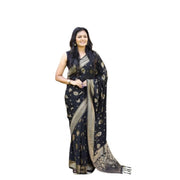 Women's Soft Lichi Silk Printed Saree With Unstitched Blouse 5.5 Mtr (Black)