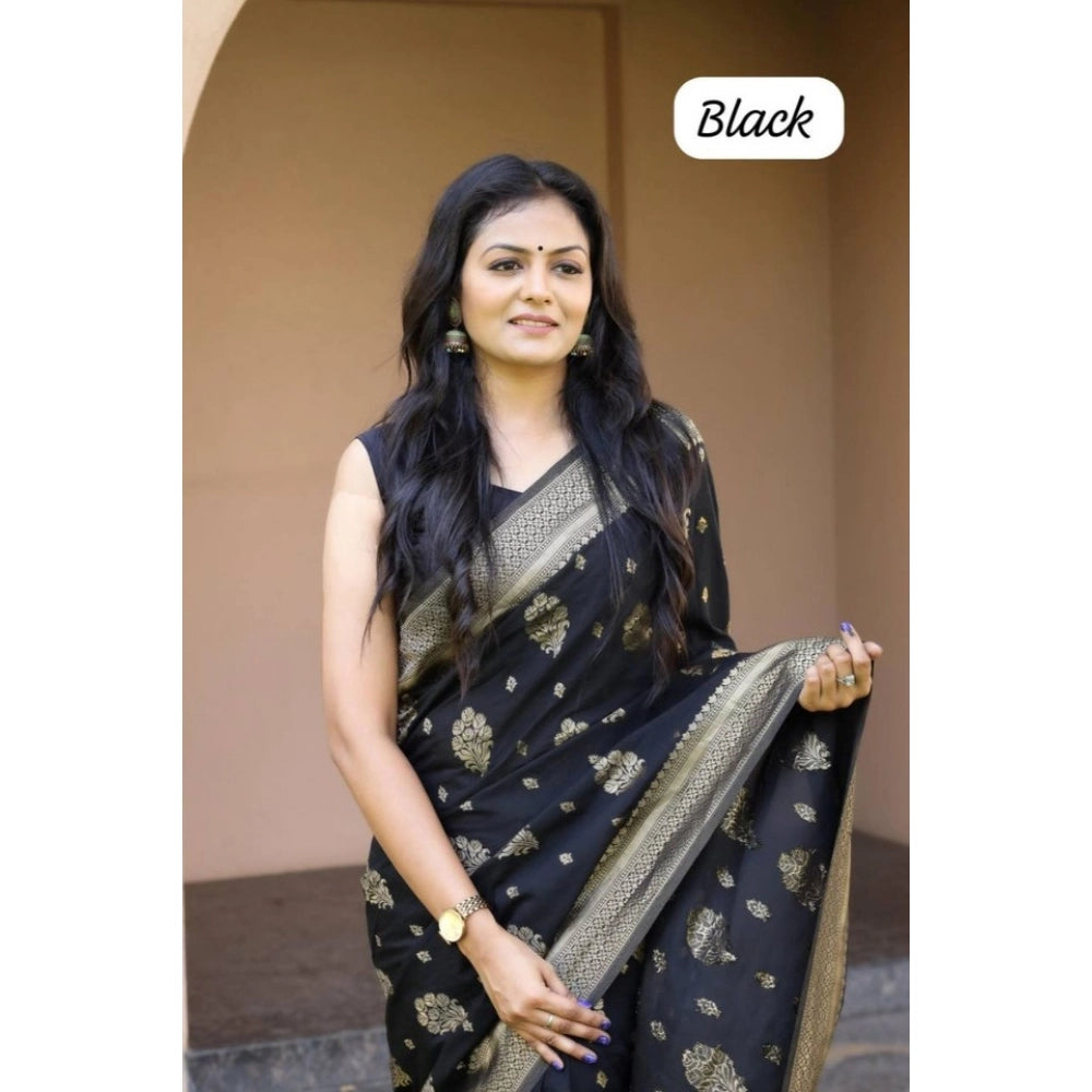 Women's Soft Lichi Silk Printed Saree With Unstitched Blouse 5.5 Mtr (Black)