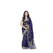 Women's Soft Lichi Silk Printed Saree With Unstitched Blouse 5.5 Mtr (Navy Blue)
