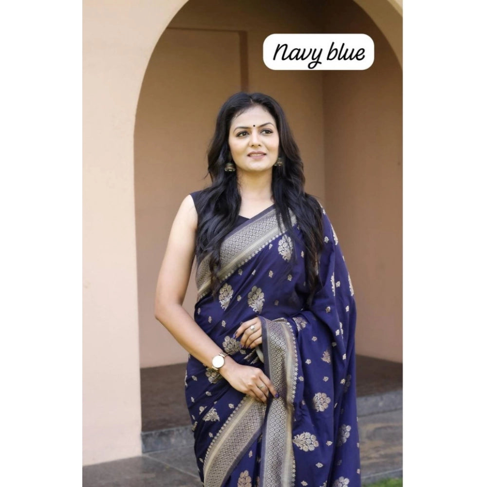 Women's Soft Lichi Silk Printed Saree With Unstitched Blouse 5.5 Mtr (Navy Blue)