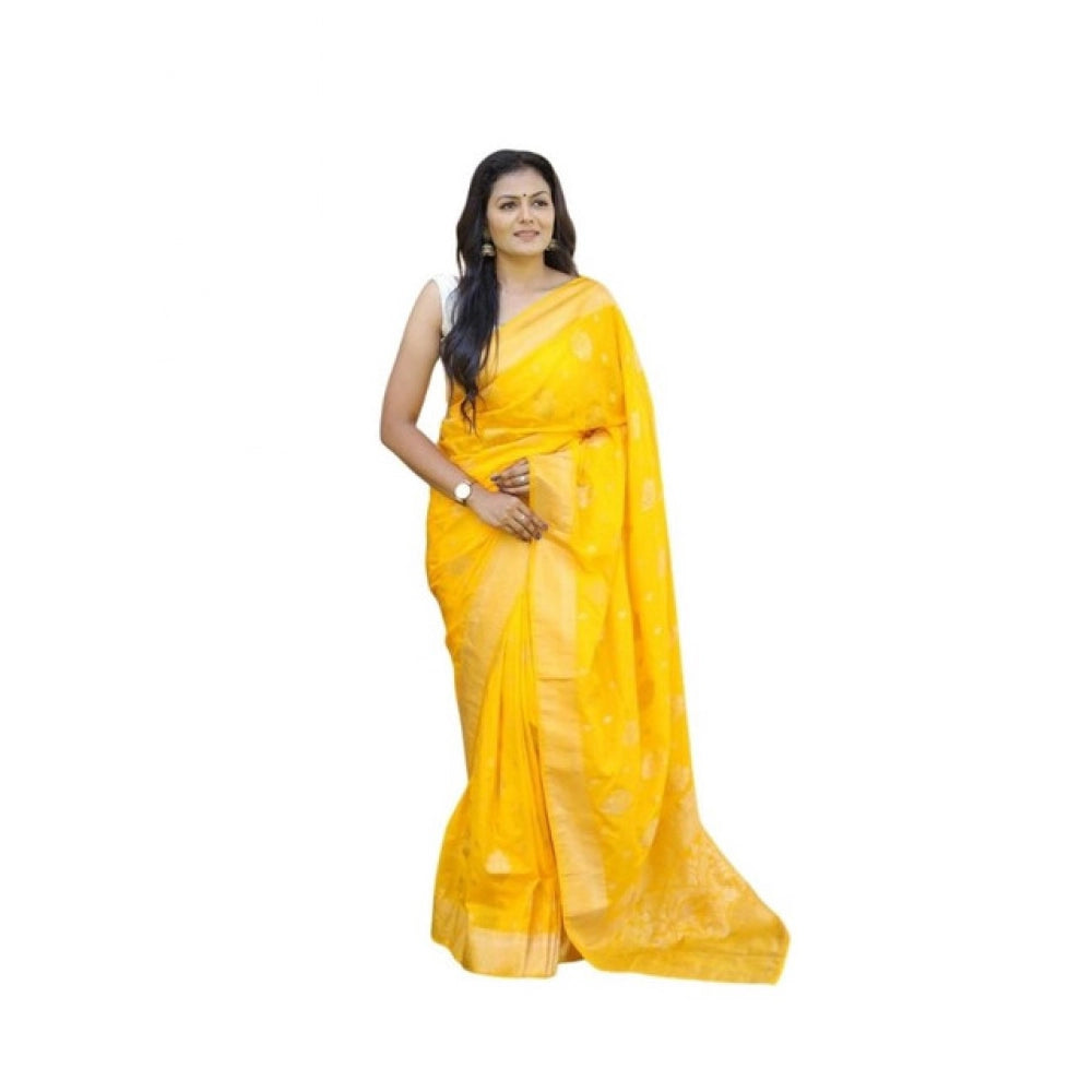 Women's Soft Lichi Silk Printed Saree With Unstitched Blouse 5.5 Mtr (Yellow)