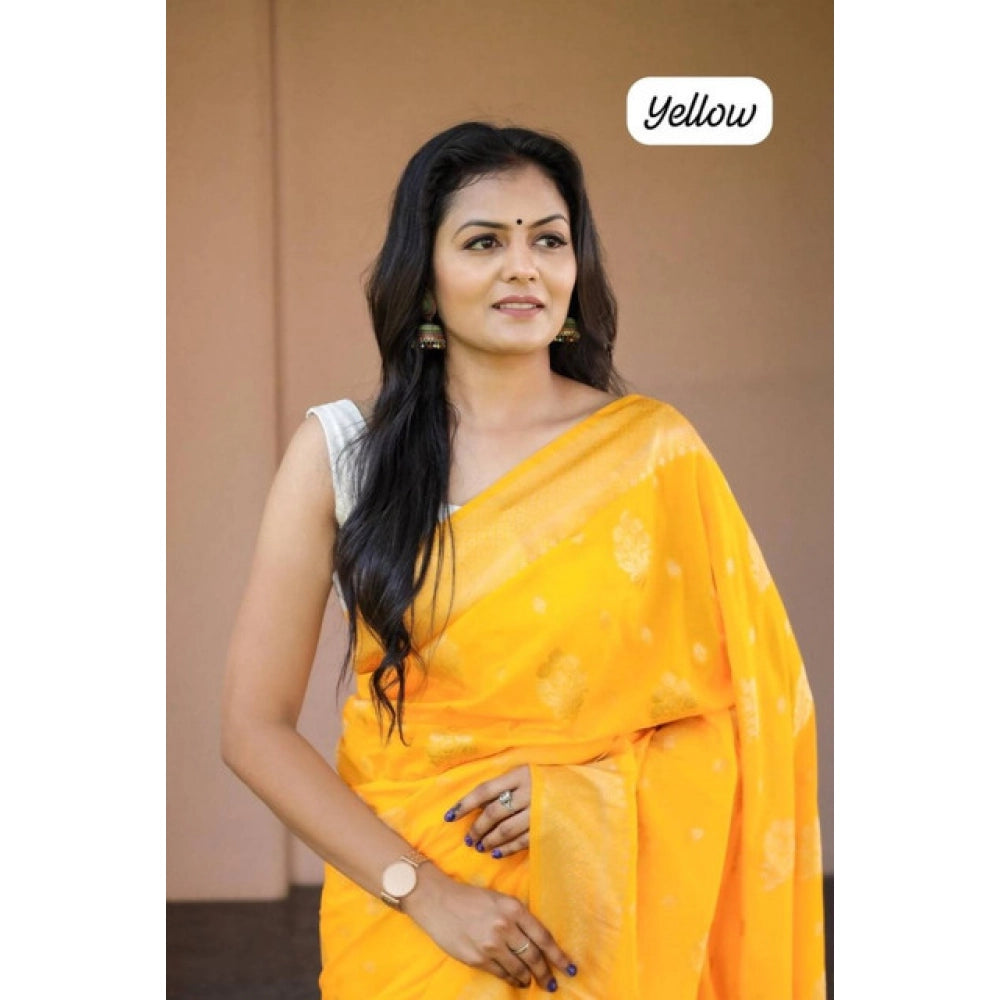 Women's Soft Lichi Silk Printed Saree With Unstitched Blouse 5.5 Mtr (Yellow)