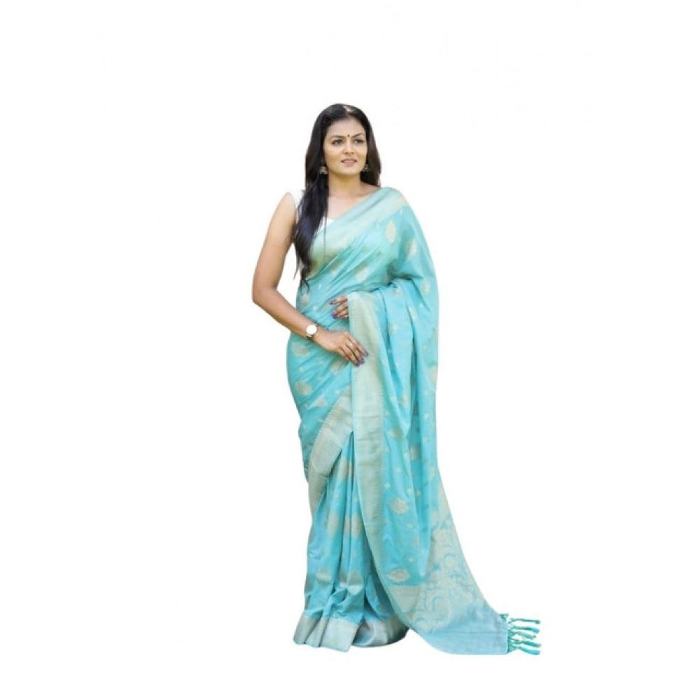 Women's Soft Lichi Silk Printed Saree With Unstitched Blouse 5.5 Mtr (Sky-Blue)
