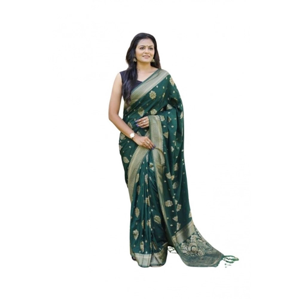 Women's Soft Lichi Silk Printed Saree With Unstitched Blouse 5.5 Mtr (Bottle-Green)