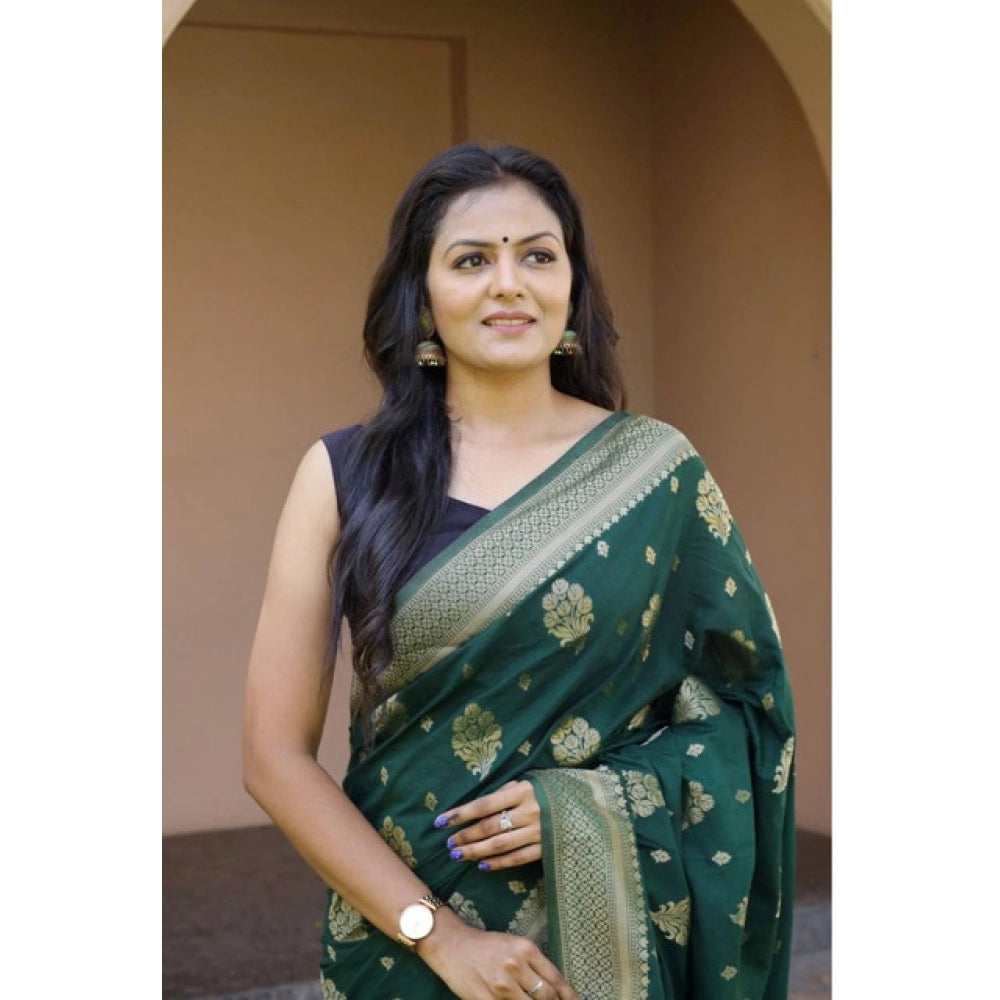 Women's Soft Lichi Silk Printed Saree With Unstitched Blouse 5.5 Mtr (Bottle-Green)