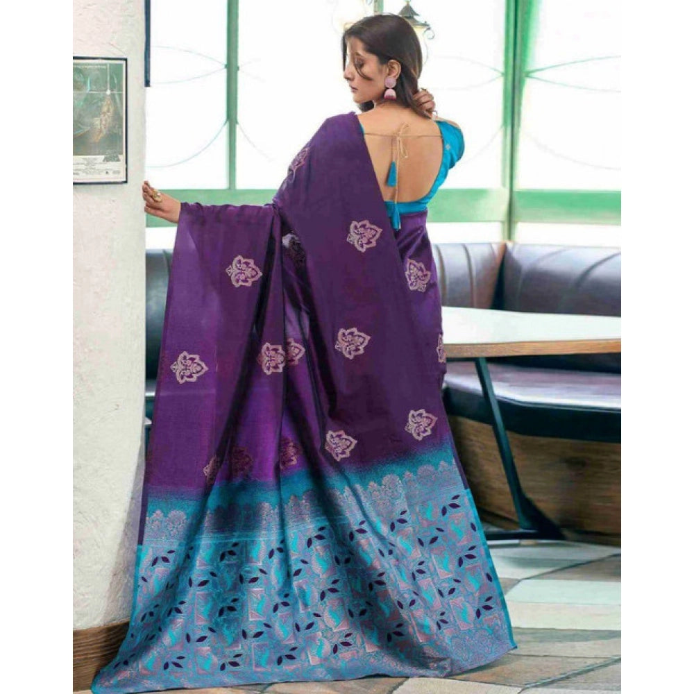 Women's Soft Lichi Silk Printed Saree With Unstitched Blouse 5.5 Mtr (Blue)