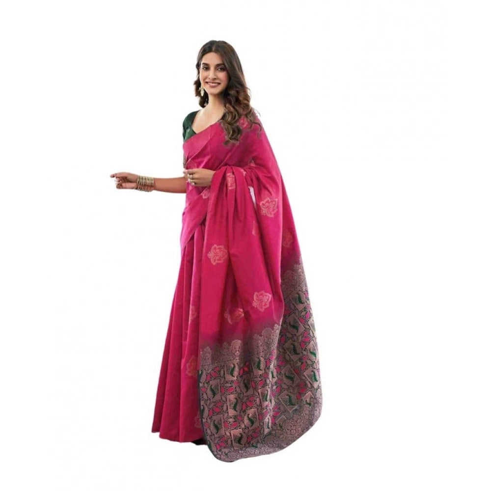 Women's Soft Lichi Silk Printed Saree With Unstitched Blouse 5.5 Mtr (Pink)