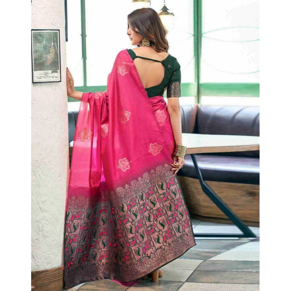 Women's Soft Lichi Silk Printed Saree With Unstitched Blouse 5.5 Mtr (Pink)