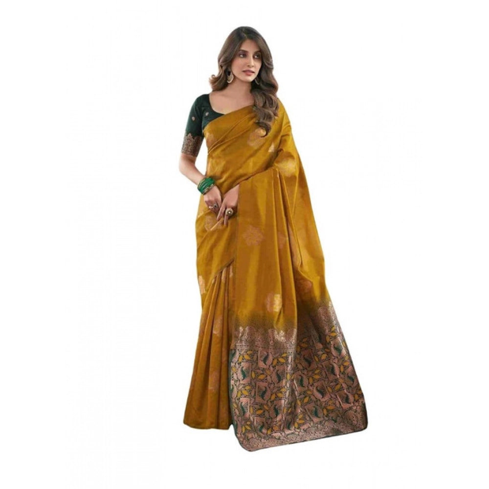 Women's Soft Lichi Silk Printed Saree With Unstitched Blouse 5.5 Mtr (Mustard )