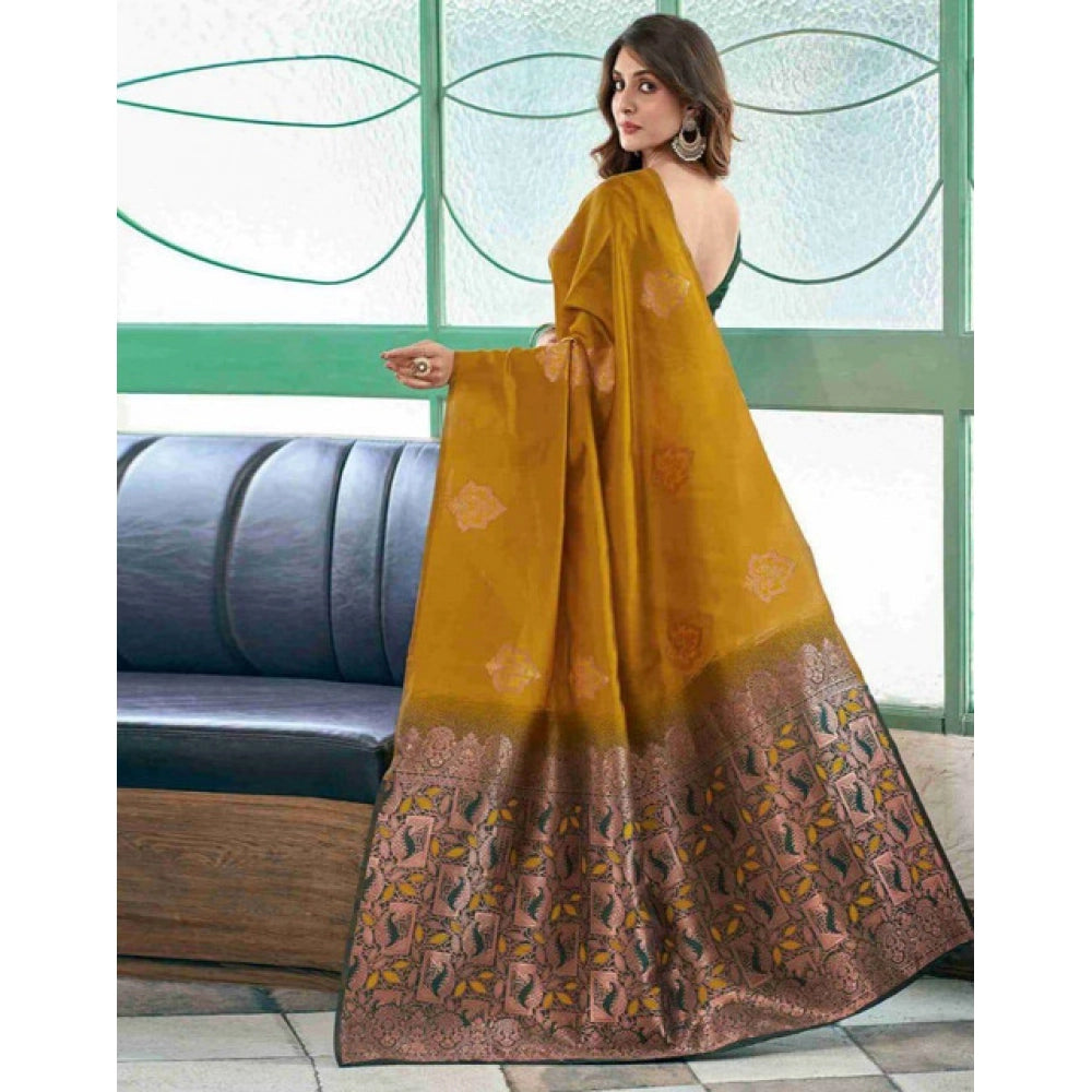 Women's Soft Lichi Silk Printed Saree With Unstitched Blouse 5.5 Mtr (Mustard )