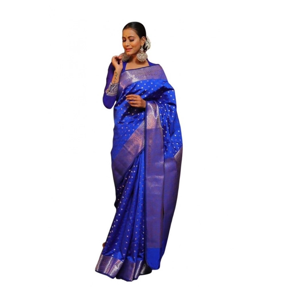 Women's Soft Lichi Silk Printed Saree With Unstitched Blouse 5.5 Mtr (Blue)
