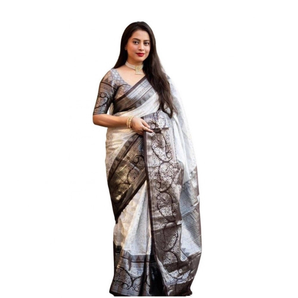Women's Soft Lichi Silk Printed Saree With Unstitched Blouse 5.5 Mtr (Off-White)