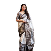 Women's Soft Lichi Silk Printed Saree With Unstitched Blouse 5.5 Mtr (Off-White)