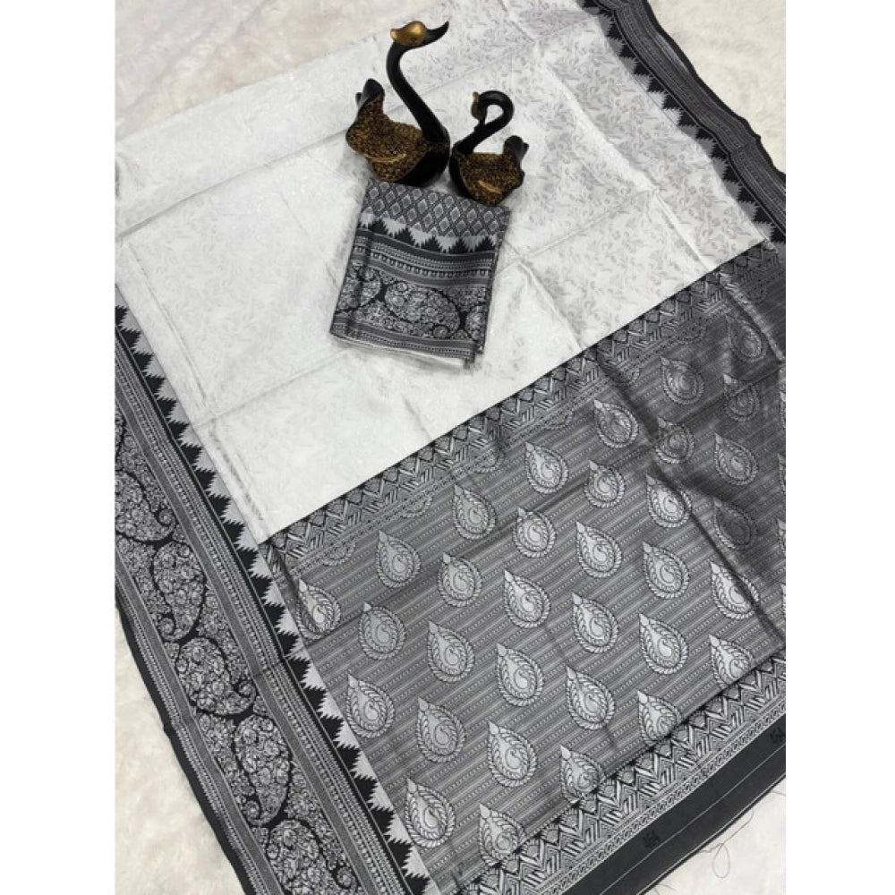 Women's Soft Lichi Silk Printed Saree With Unstitched Blouse 5.5 Mtr (Off-White)
