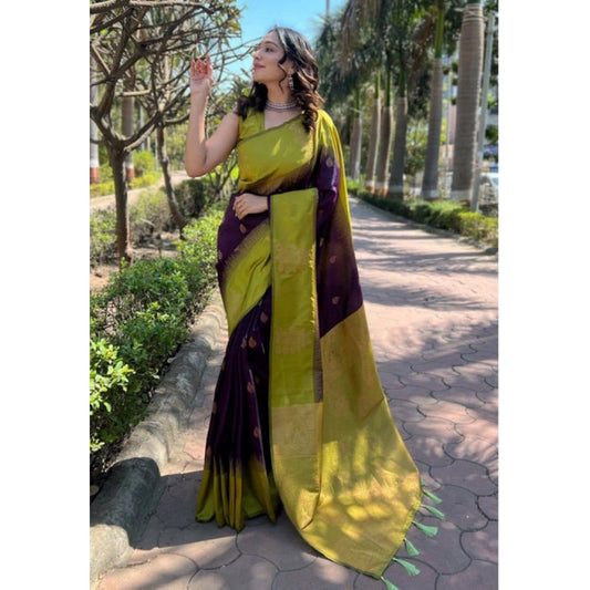 Women's Soft Lichi Silk Printed Saree With Unstitched Blouse 5.5m (Purple)