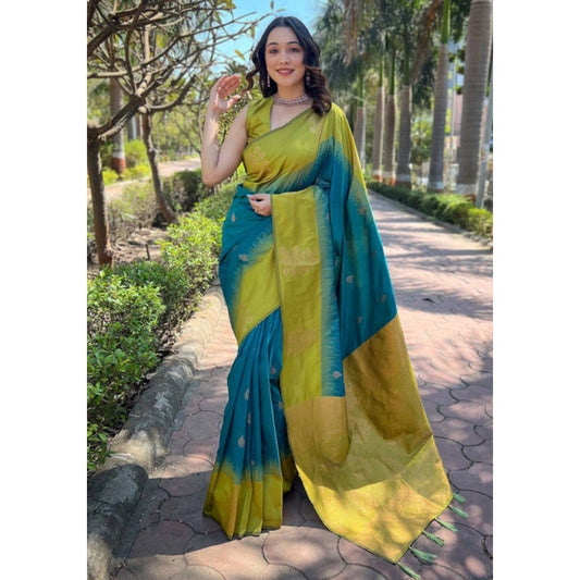 Women's Soft Lichi Silk Printed Saree With Unstitched Blouse 5.5m (Green)