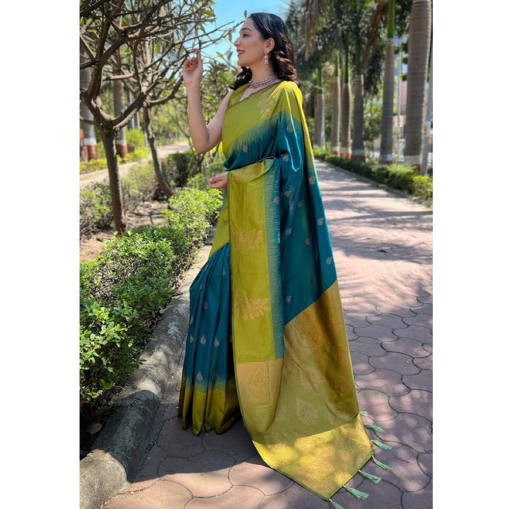 Women's Soft Lichi Silk Printed Saree With Unstitched Blouse 5.5 Mtr (Green)