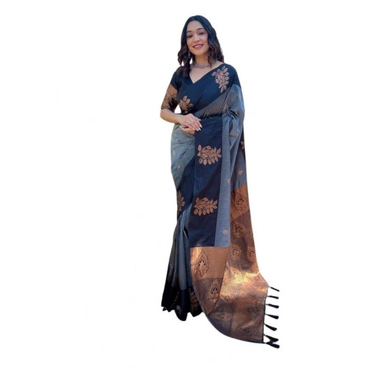 Women's Soft Lichi Silk Printed Saree With Unstitched Blouse 5.5m (Grey)