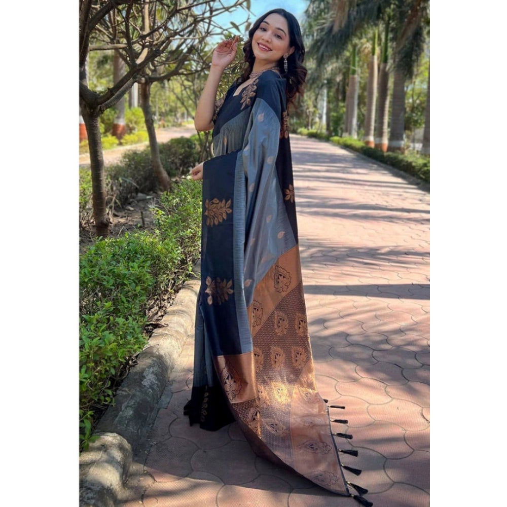 Women's Soft Lichi Silk Printed Saree With Unstitched Blouse 5.5 Mtr (Grey)