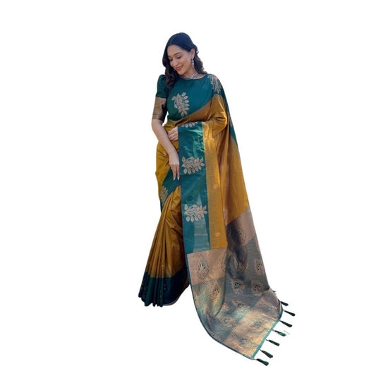 Women's Soft Lichi Silk Printed Saree With Unstitched Blouse 5.5m (Mustard )
