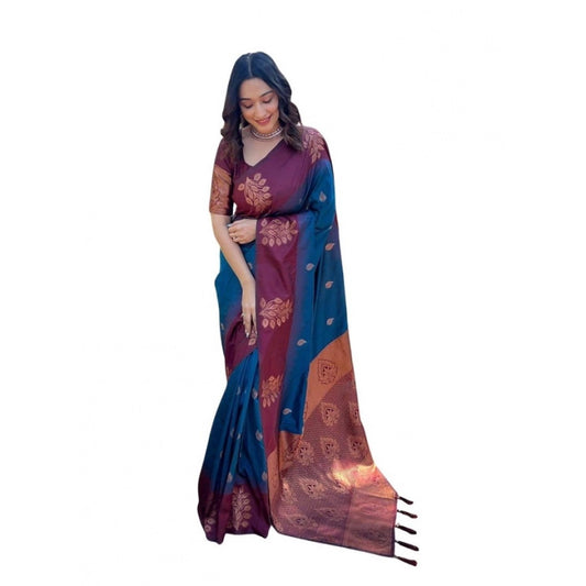 Women's Soft Lichi Silk Printed Saree With Unstitched Blouse 5.5m (Blue)