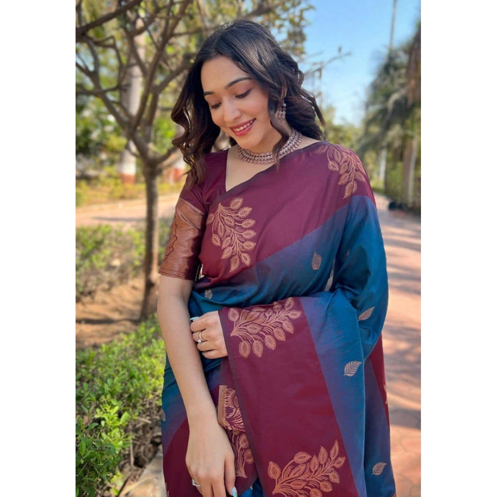 Women's Soft Lichi Silk Printed Saree With Unstitched Blouse 5.5 Mtr (Blue)