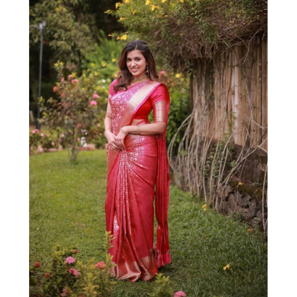 Women's Soft Lichi Silk Printed Saree With Unstitched Blouse 5.5 Mtr (Pink)