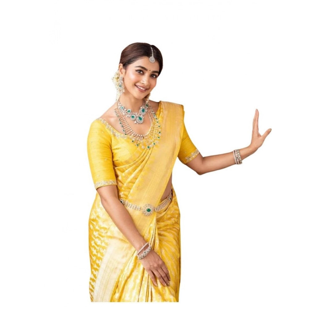 Women's Soft Lichi Silk Printed Saree With Unstitched Blouse 5.5 Mtr (Yellow)