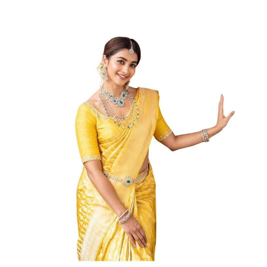 Women's Soft Lichi Silk Printed Saree With Unstitched Blouse 5.5m (Yellow)
