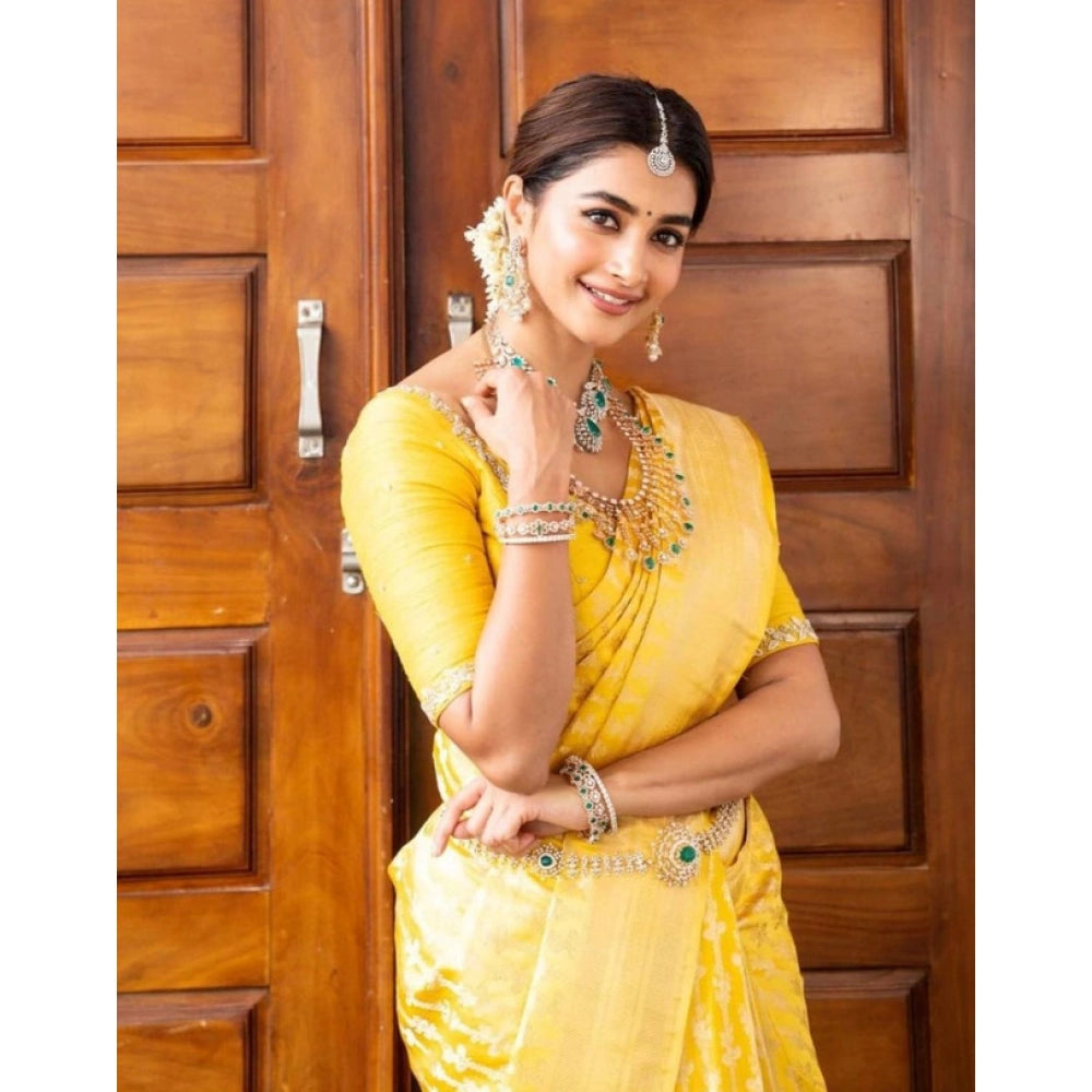 Women's Soft Lichi Silk Printed Saree With Unstitched Blouse 5.5 Mtr (Yellow)