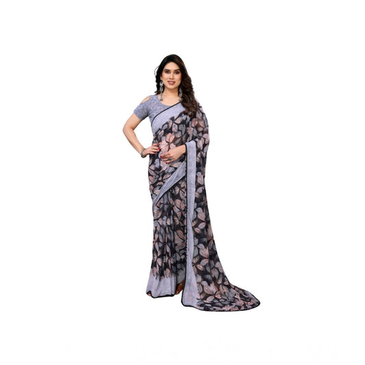 Women's Chiffon Printed Saree With Unstitched Blouse 5.5m (Grey)