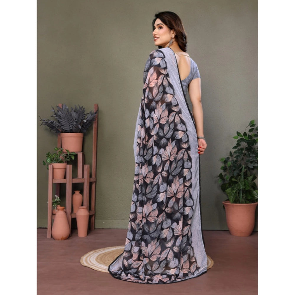 Women's Chiffon Printed Saree With Unstitched Blouse 5.5 Mtr (Grey)