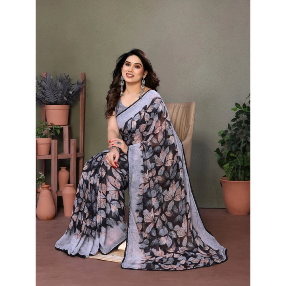 Women's Chiffon Printed Saree With Unstitched Blouse 5.5 Mtr (Grey)