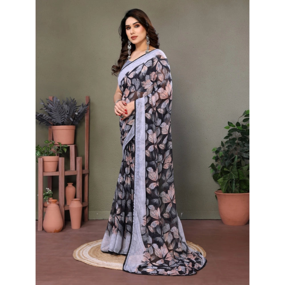 Women's Chiffon Printed Saree With Unstitched Blouse 5.5 Mtr (Grey)