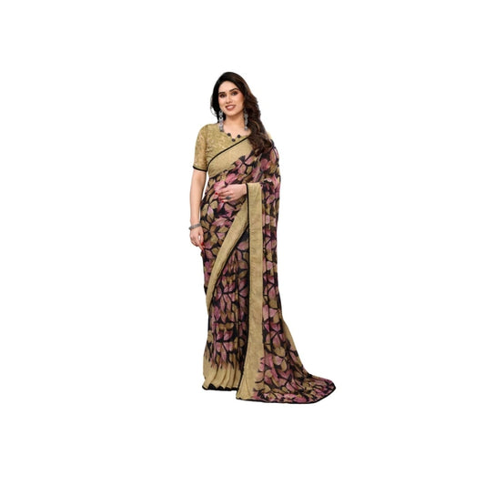 Women's Chiffon Printed Saree With Unstitched Blouse 5.5m (Beige)