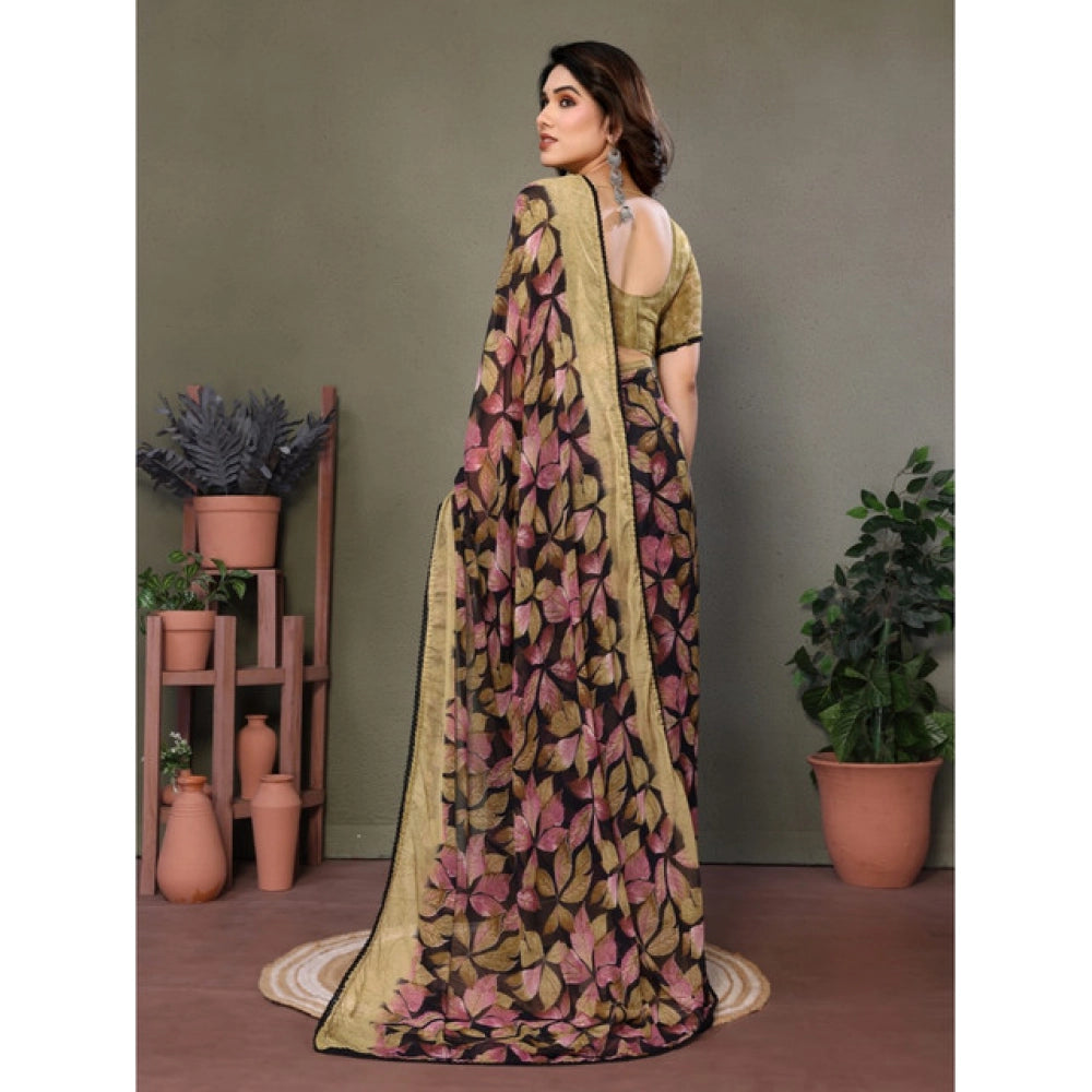 Women's Chiffon Printed Saree With Unstitched Blouse 5.5 Mtr (Beige)